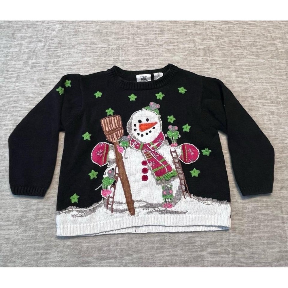 Tiara Girls Snowman Embroidered Sweater Size 5 Black Holiday Winter Pullover VTG